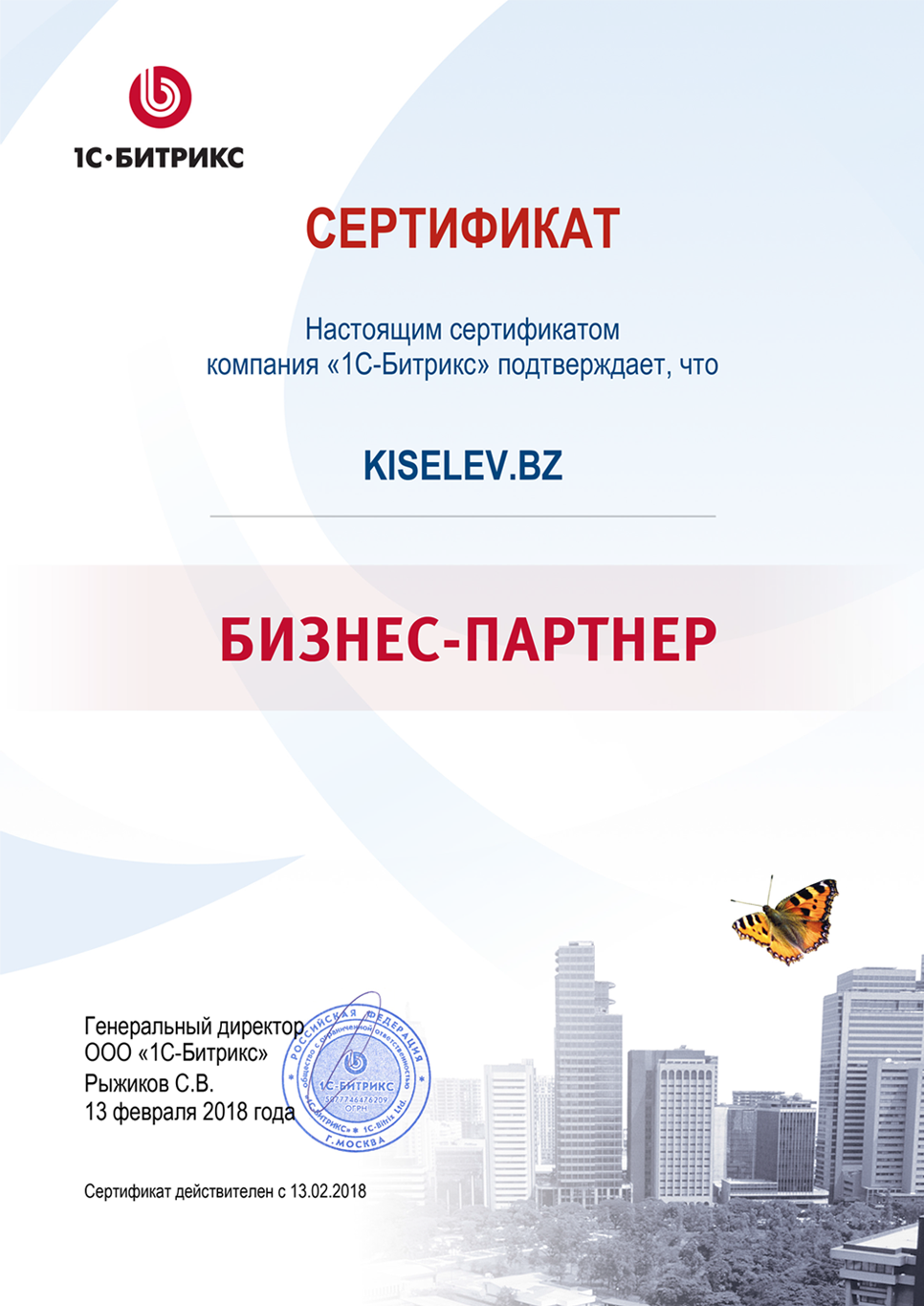 Сертификат партнёра по СРМ системам в Нижней Салде